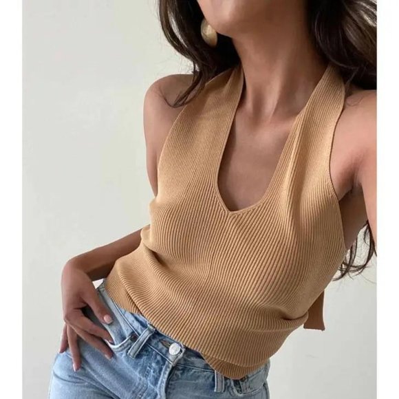 Nude Honey Beige Knit Halter Top: Spring Style - Picture 3 of 6